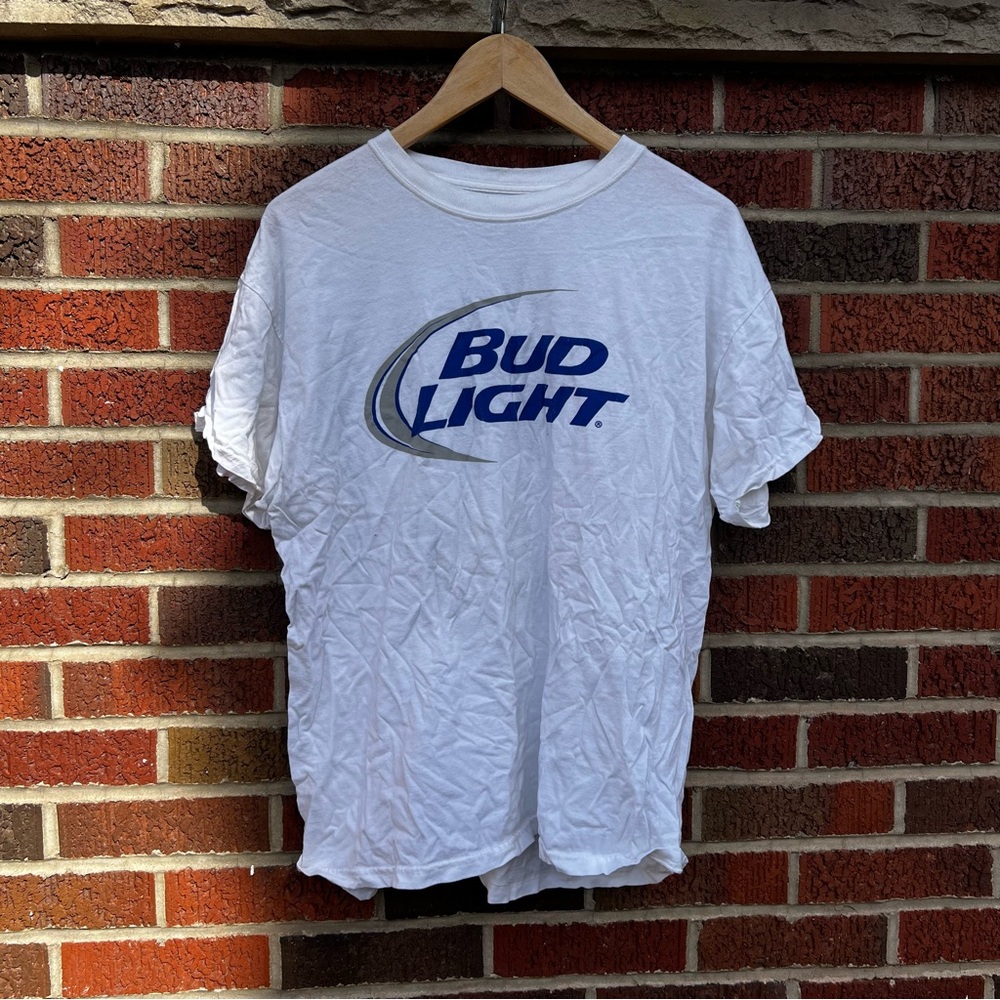Harriton White and Black Bud Light Brand Short Sleeve Tee Shirt